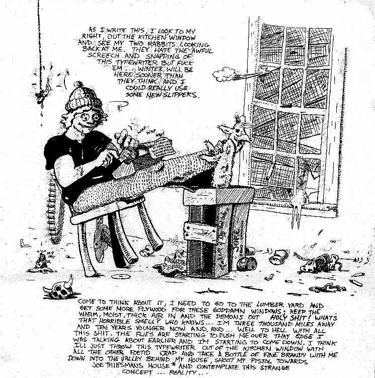 As I write this, I look to my right, out the kitchen window and see my two rabbits looking back at me.  They 
hate the awful screech and snapping of this typewriter but fuck 
them...winter will be here sooner than they think and I could 
really use some new slippers.